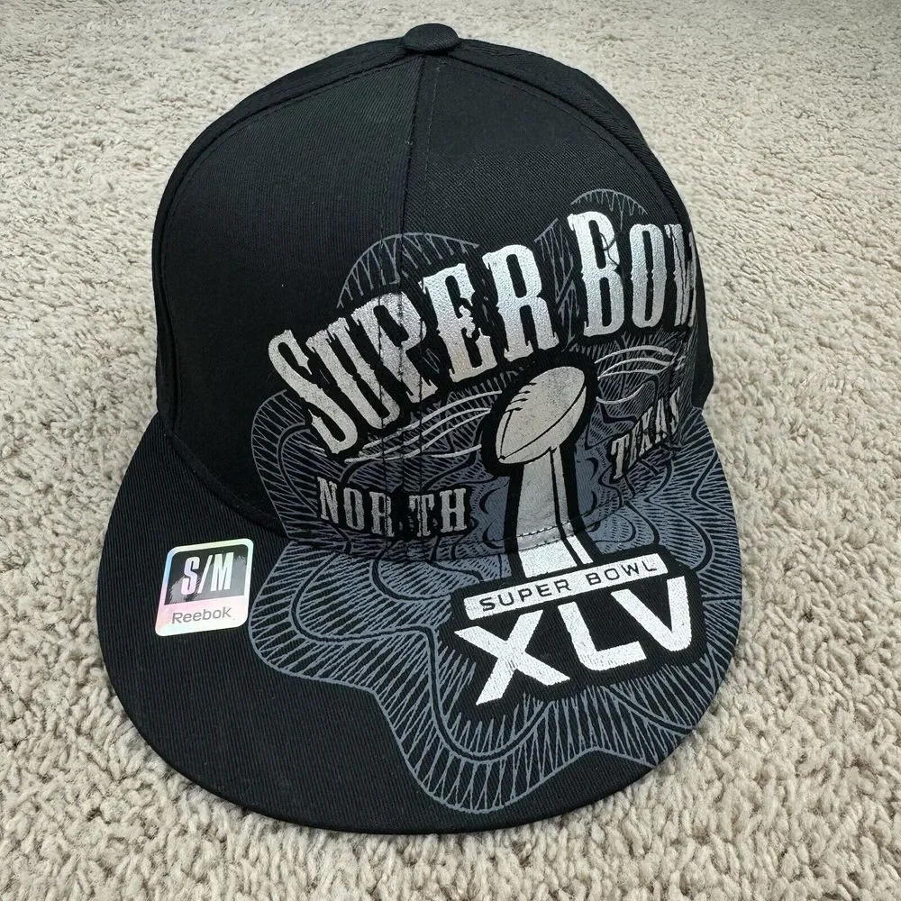 NFL Super Bowl XLV Hat Team Reebok S/M Flex Fit Black Silver North Texas Cap New